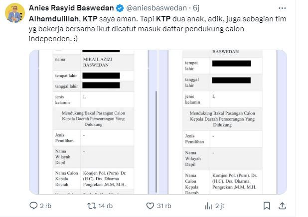 Heboh, KTP Dua Anak Anies Baswedan Dicatut Dukung Dharma-Kun