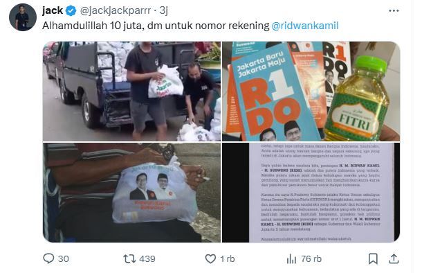 Tim RIDO Sayembarakan Rp10 Juta Bagi yang Temukan Kecurangan, Netizen Ramai-Ramai Unggah Sembako Gambar Ridwan Kamil-Suswono